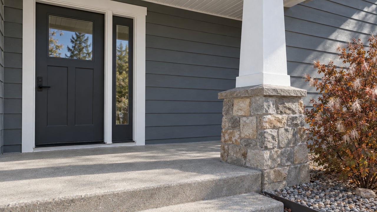 Covered home entry with slate-gray siding, a charcoal glazed door, a stone porch pier, and a russet-leaved mountain mahogany beside concrete steps.