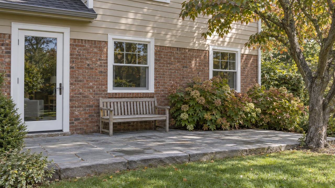 Split-level home with a bluestone patio, teak bench, two windows, and a flowering dogwood tree.