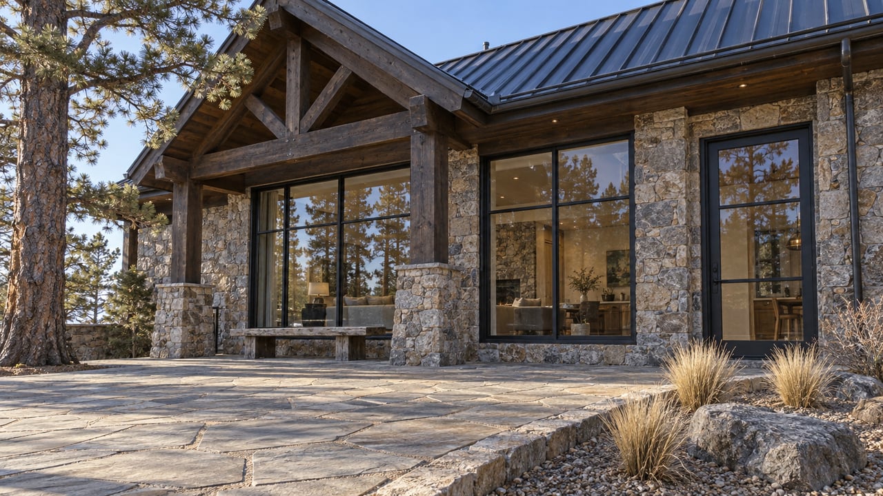 Winter sunlight illuminates a stone-and-timber home with tall glazed windows, a flagstone terrace and a mature ponderosa pine.