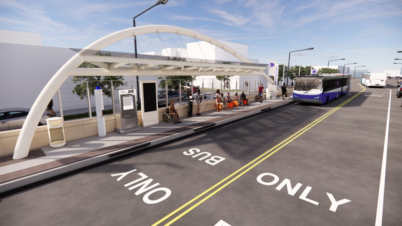 Rendering of a future Colfax BRT station with dedicated bus lanes
