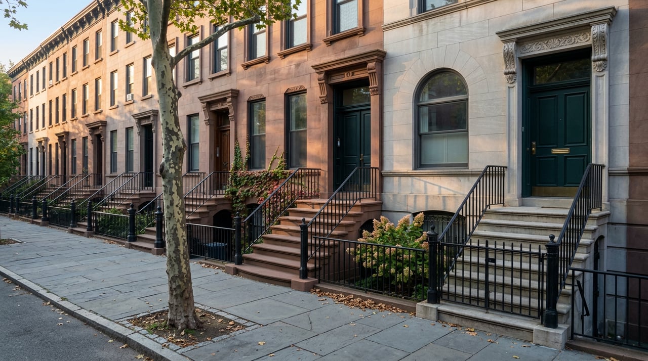 Attached sandstone and limestone rowhouses with iron stoops, a sidewalk tree, and red-edged ivy.
