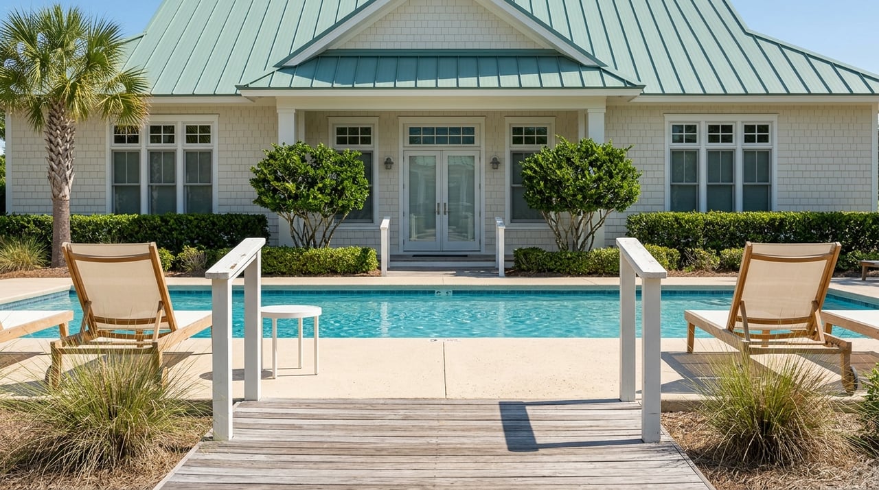Poolside boardwalk beside a clubhouse, with landscaping and open sky.