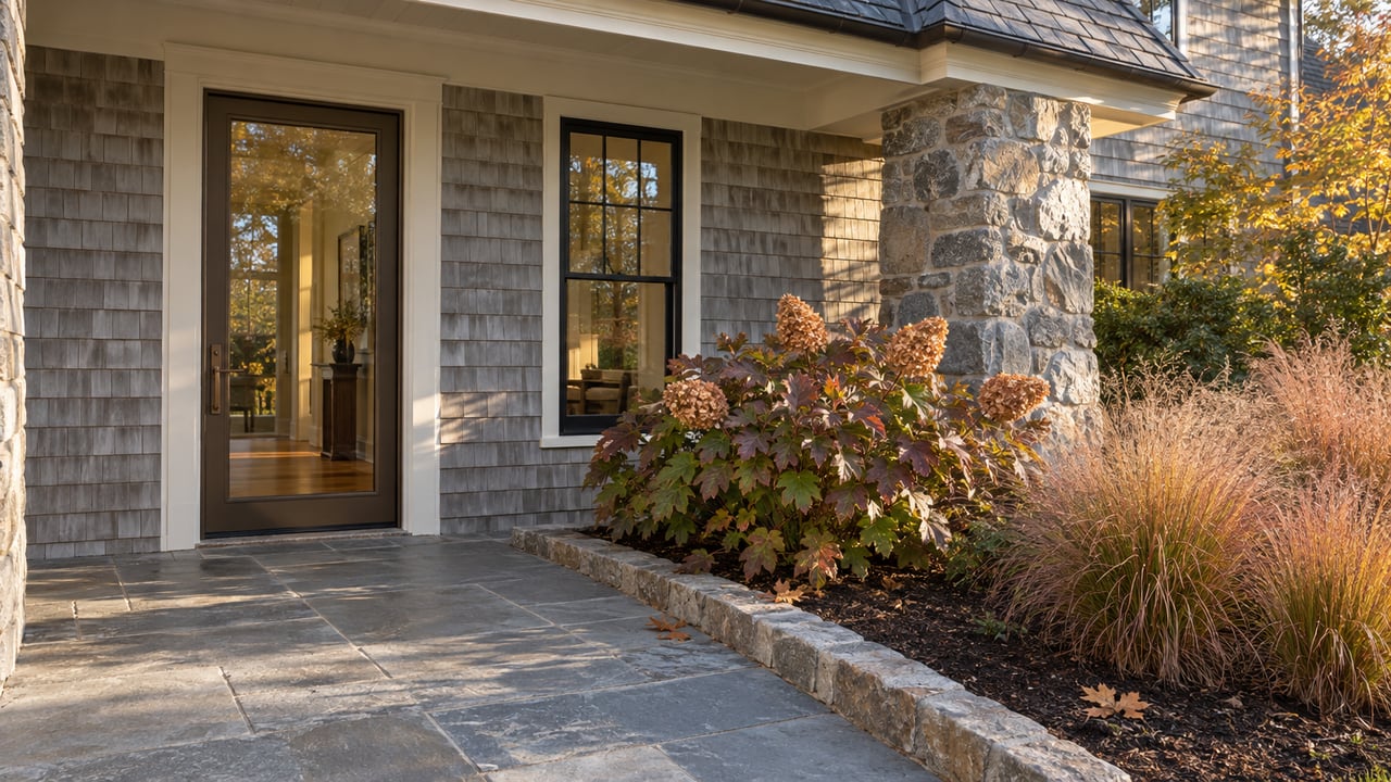 Close view of a cedar-shingled home's glazed entry, fieldstone pier and bluestone landing beside burgundy oakleaf hydrangea and copper-colored grasses.