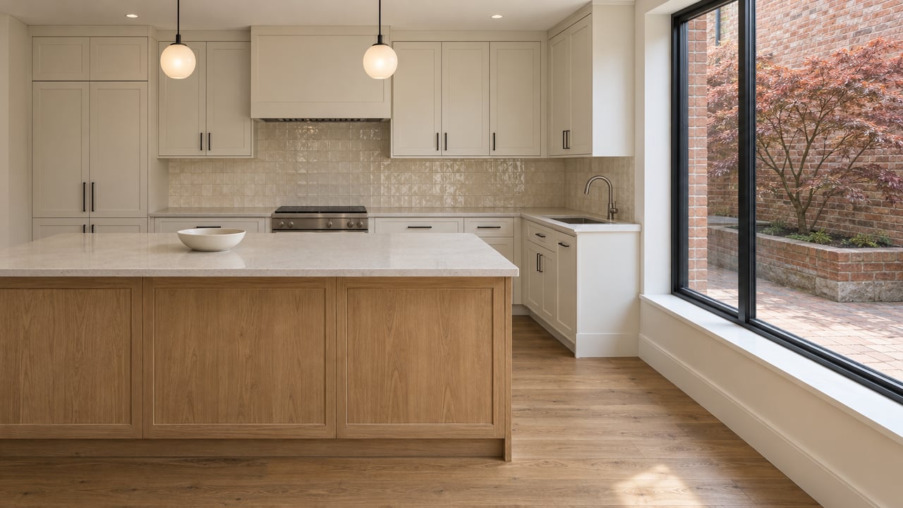 Warm-white kitchen with an oak island, pale counters and black-framed glazing overlooking a brick courtyard and a bronze-leaved Japanese maple.