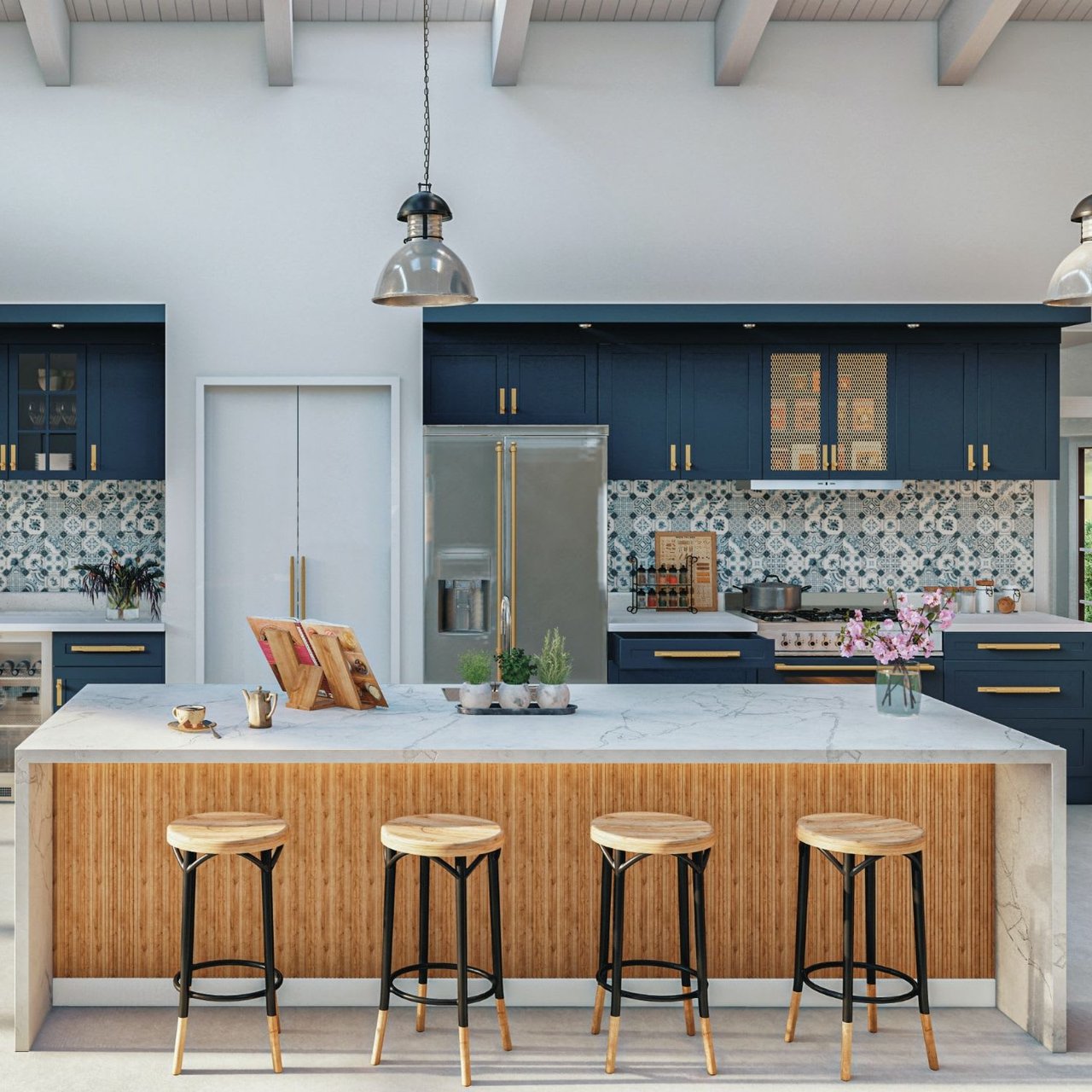  A spacious kitchen features a large rectangular island with a white marble countertop and a light wood paneled base, accented by light gray concrete-like supports at each end.