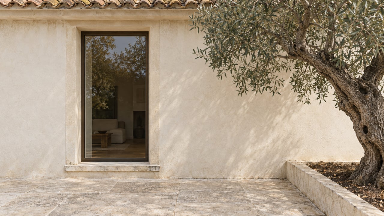 Ivory limewashed residence with a recessed bronze-framed window, terracotta eave, and mature olive tree.