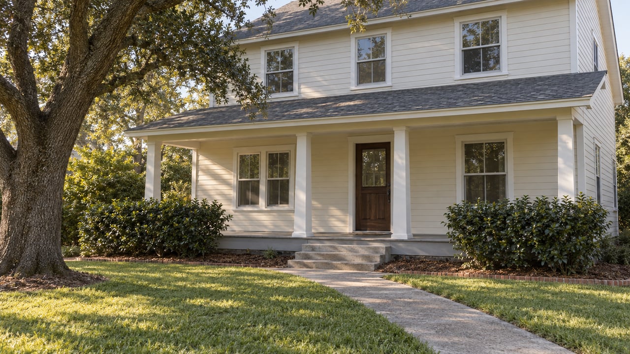 Two-story white house with a covered porch, shaded by a mature tree beside a front walkway.