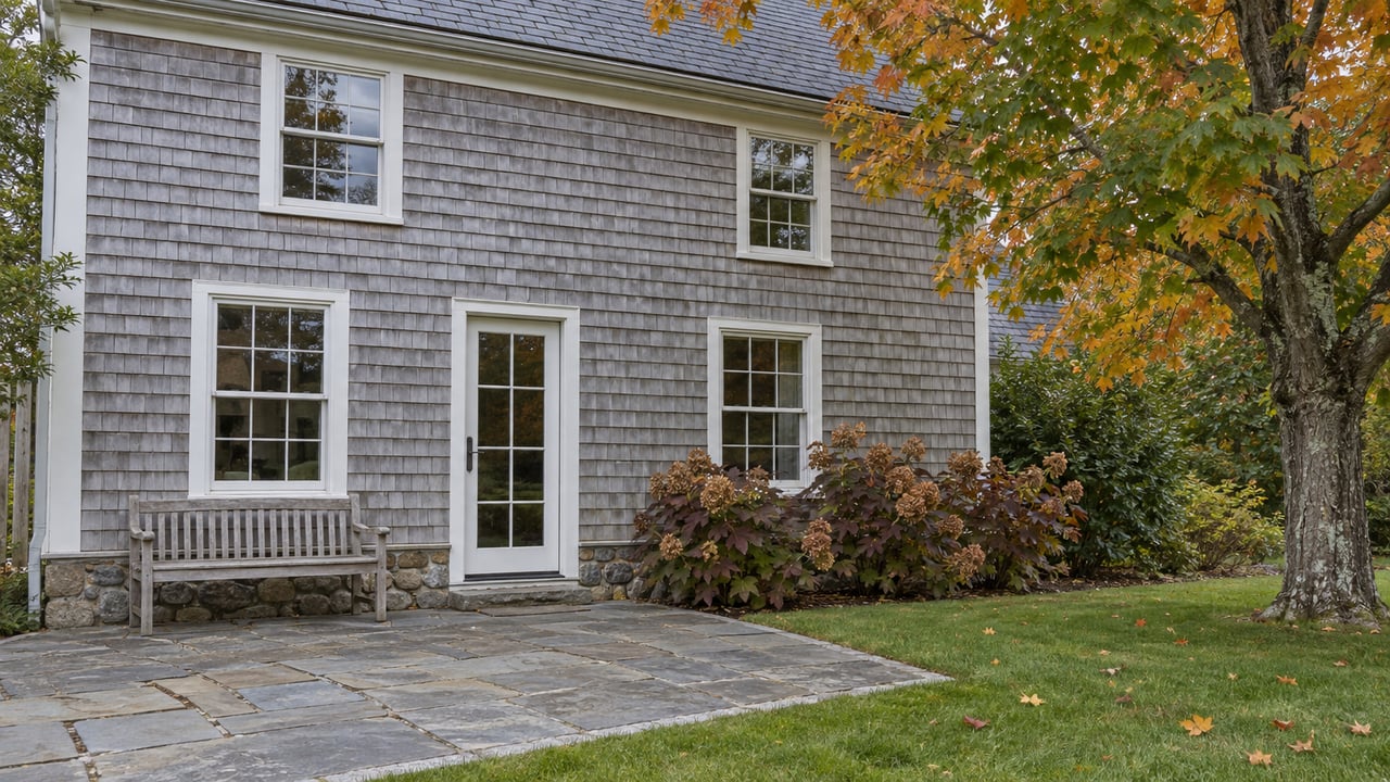 Cedar-shingle house with white-trimmed windows, a bluestone garden terrace and a maple beginning to turn autumn colors.
