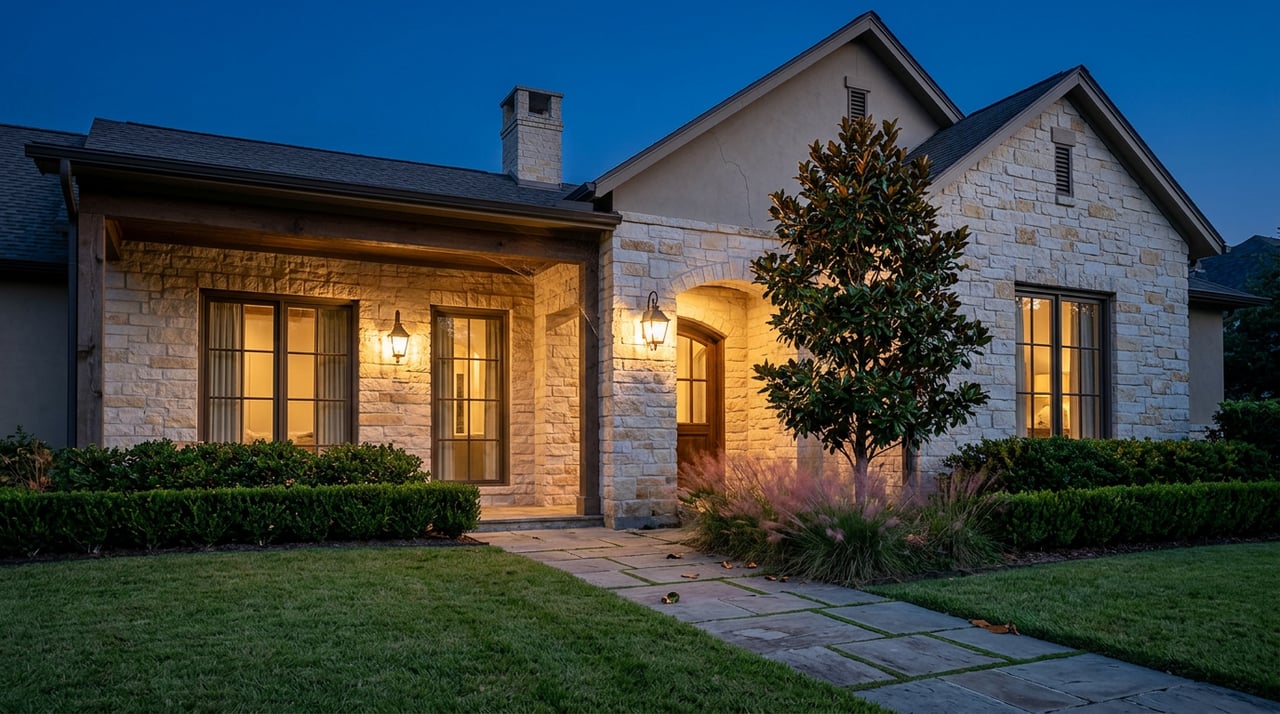 Limestone home with an arched timber entry, warm sconces, glossy magnolia, and a stone path across the lawn.