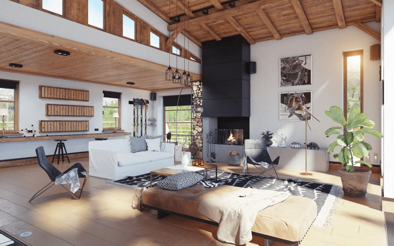 Cozy, modern living room with wood accents, featuring a fireplace, large windows, and a comfortable seating area.