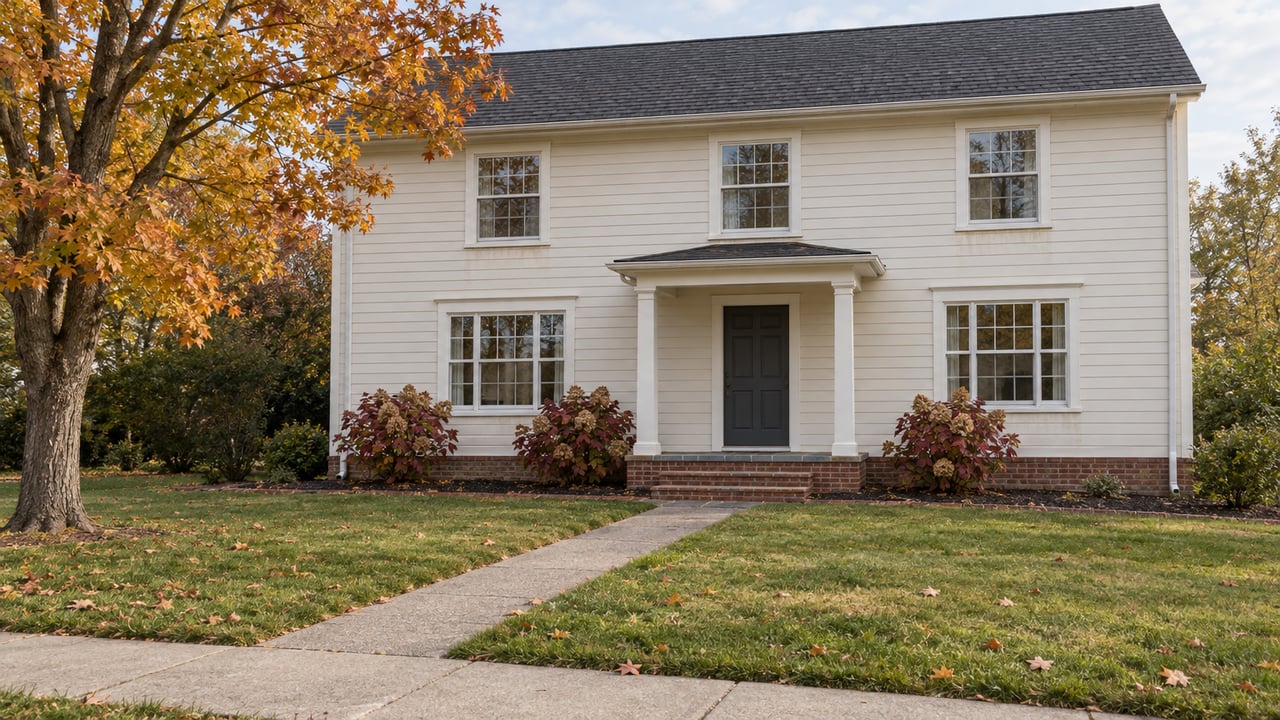 An off-white two-story house with divided-light windows, a brick porch and a deep autumn lawn beside a sugar maple.