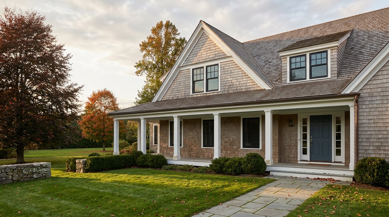 Shingle-style house with wraparound porch, bluestone walkway, and maroon and orange-red autumn trees.