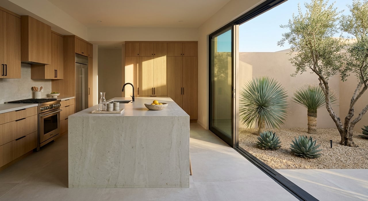 White oak kitchen with a quartzite waterfall island, black-framed sliders, and a desert courtyard beyond.