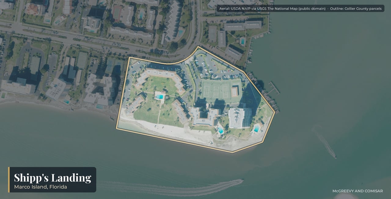 Aerial view of Shipp's Landing on Marco Island, Florida, its tower, mid-rise, villas and marina on Caxambas Pass
