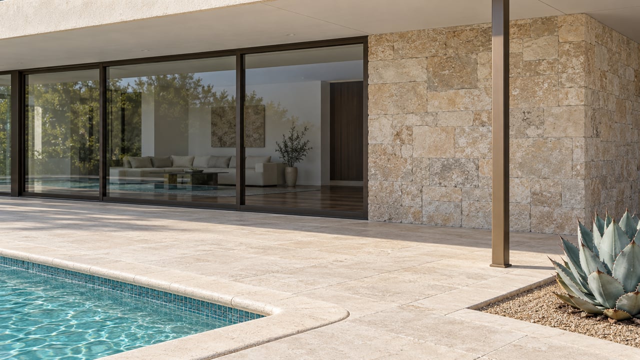 A shaded glass-walled terrace with pale limestone paving, a turquoise pool corner and a single blue-gray agave.
