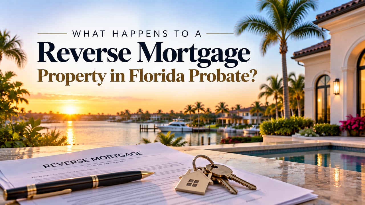 Florida waterfront home with reverse mortgage documents and house keys, illustrating what happens to a reverse mortgage property during probate and the options available to personal representatives and heirs after the homeowner dies.