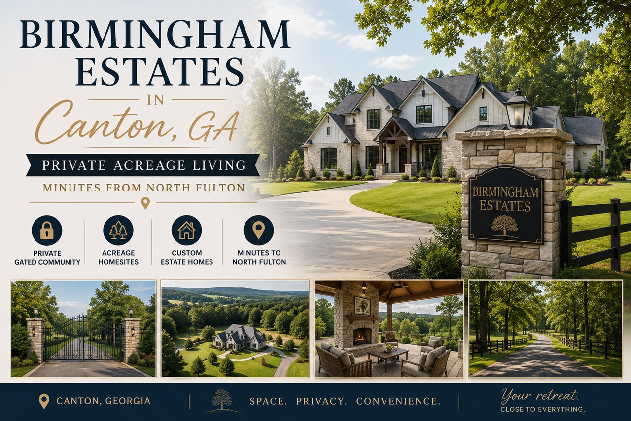 Luxury estate homes on private acreage in Birmingham Estates, a gated community in Canton, Georgia near North Fulton.