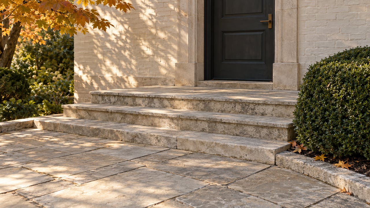 Dark charcoal entry door above limestone steps, with a maple canopy and clipped boxwood beside the landing.