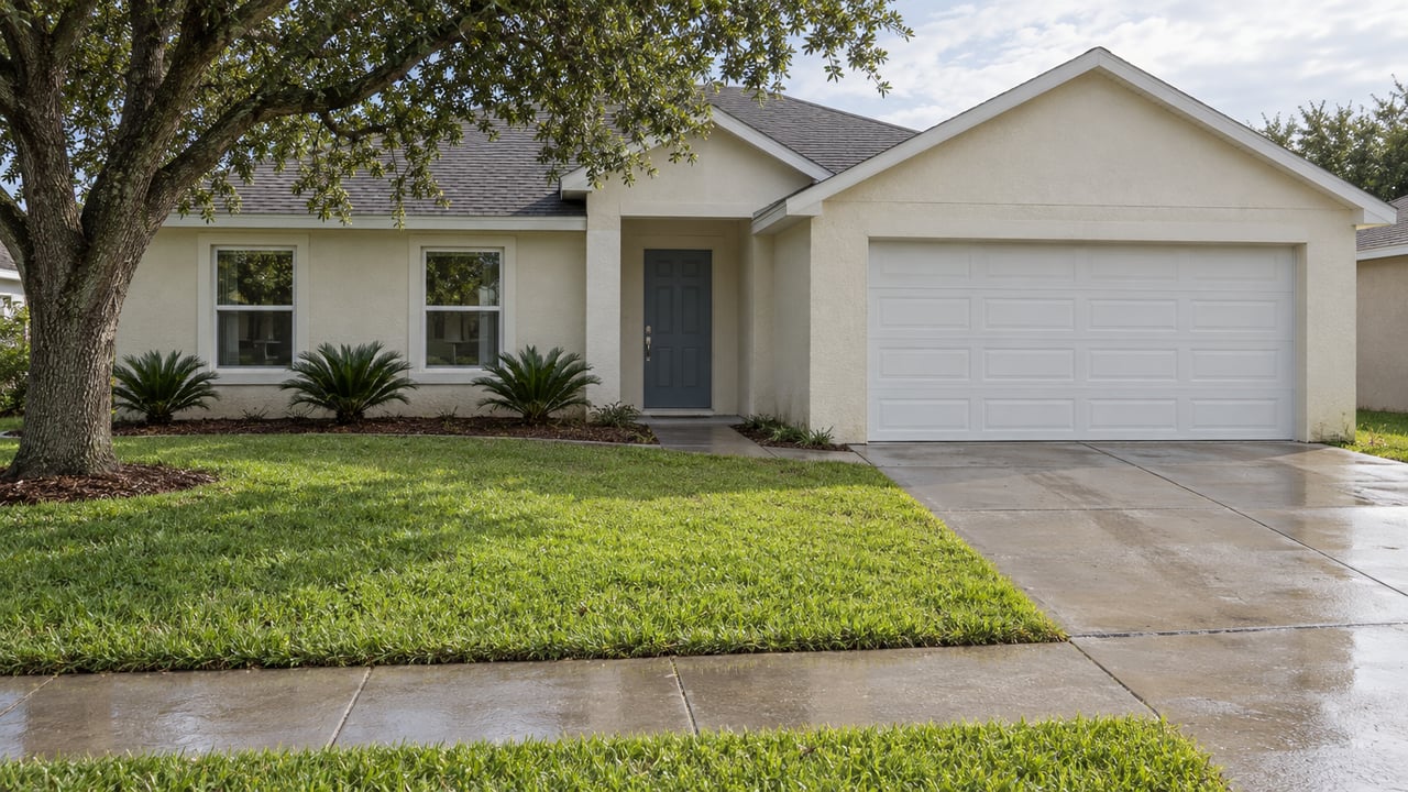 Cream stucco home with gray shingle gables, a deep green front lawn and a rain-darkened concrete driveway beneath an oak canopy.