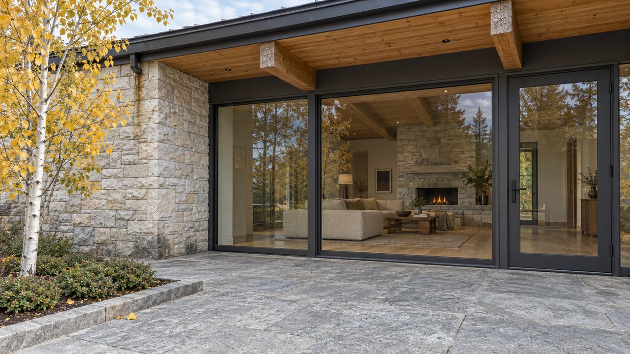 Contemporary home with a timber roof overhang, tall dark-framed windows and a stone terrace beside a golden-leaved aspen.