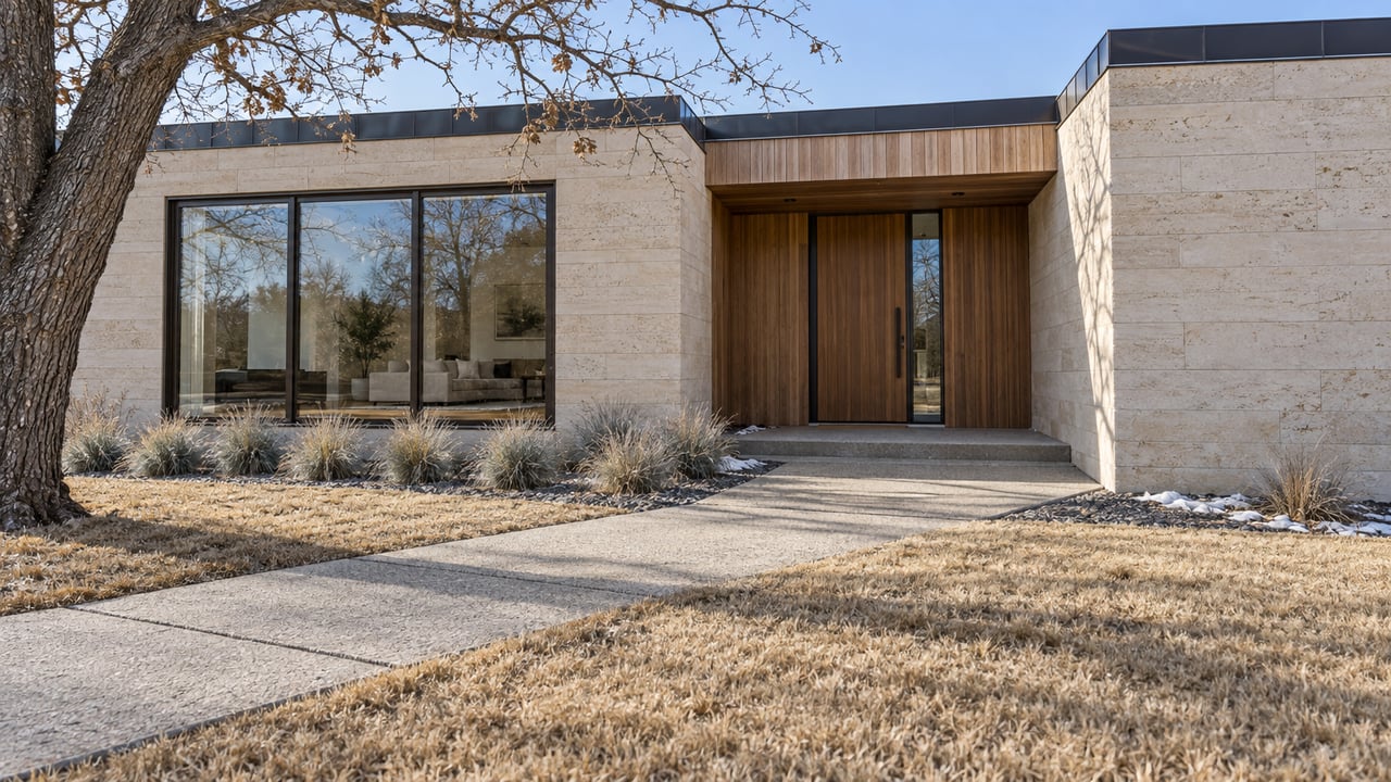 Winter lawn and a diagonal concrete approach lead to a recessed cedar entry in a limestone home, beside a bare bur oak.