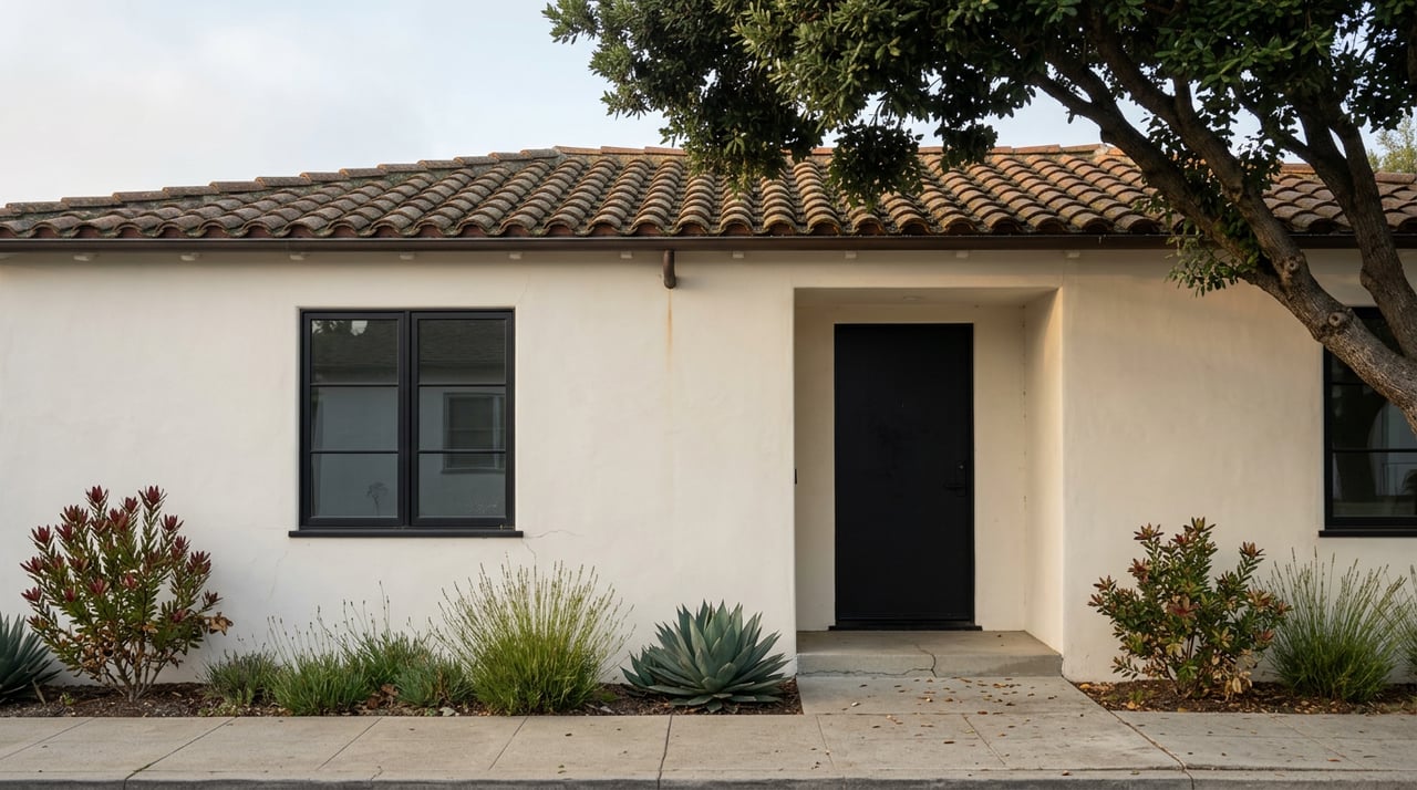 Off-white stucco cottage with a black steel door, barrel-tile roof, and sculptural coastal plantings.
