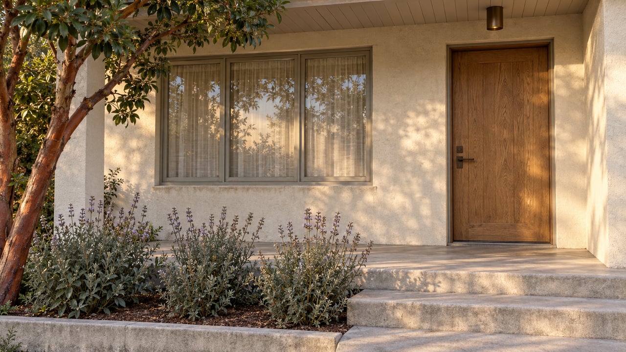 Ivory stucco home with an oak front door, glazed window, worn concrete porch steps, and a sculptural strawberry tree beside flowering sage.