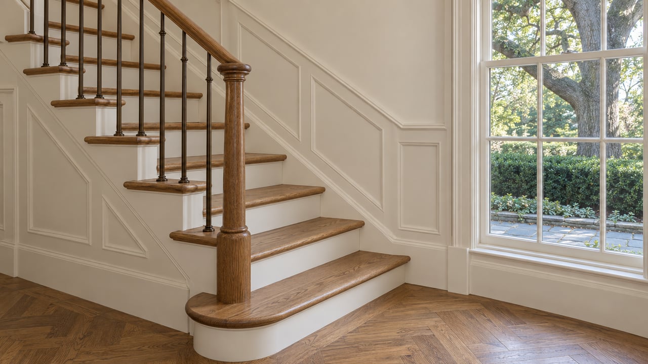 Oak staircase with dark bronze balusters beside a divided-light window overlooking a white oak and bluestone path.