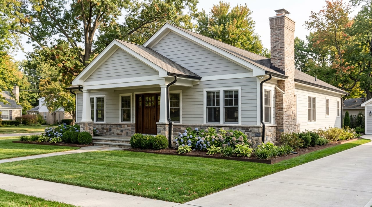 Stucco home with an arched entry, terracotta tile roof, broad lawn, and oak canopy.