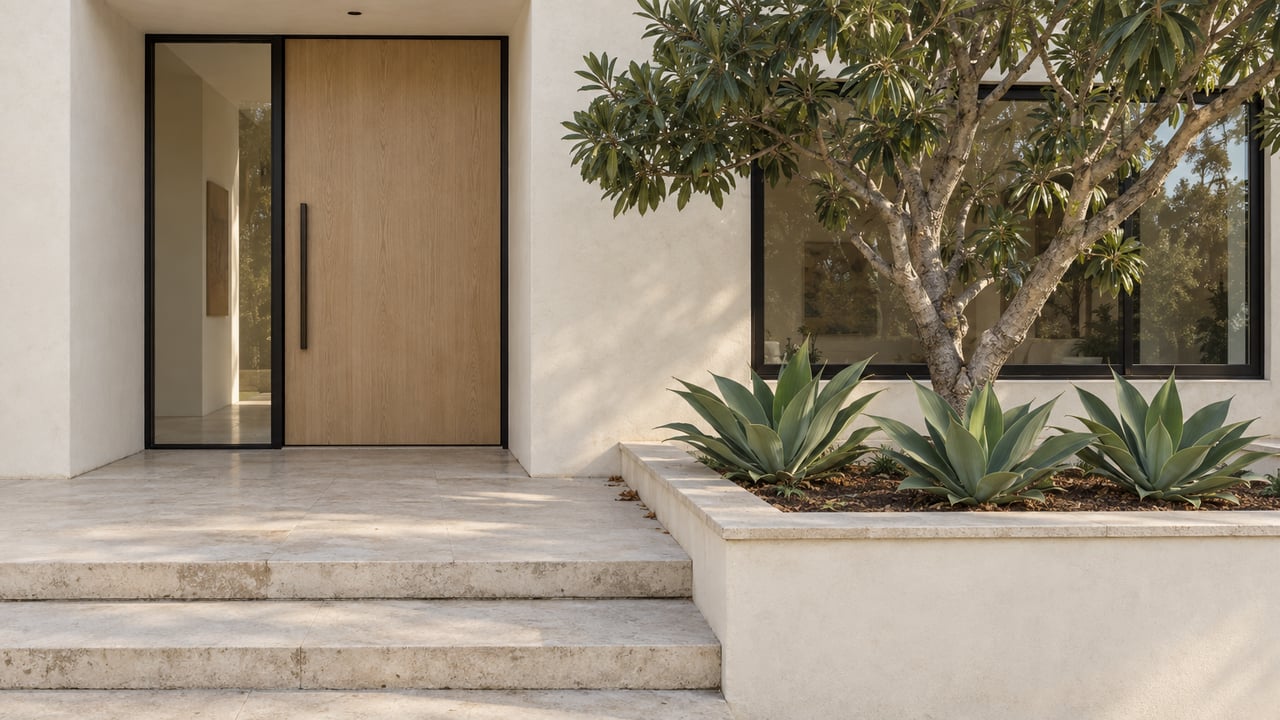 Off-white stucco home entrance with a pale oak door, limestone steps, and sculptural succulents in a raised planter.