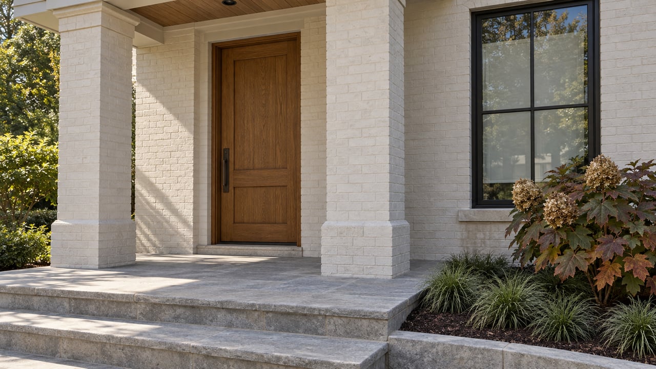 Sunlit painted-brick home entry with an oak door, black-framed window, limestone steps, and autumn oakleaf hydrangea.