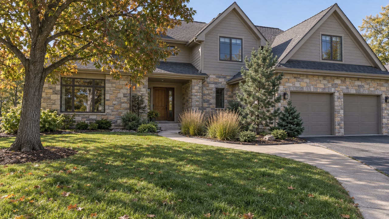 A substantial gabled home with sandstone lower walls, gray lap siding and a deep autumn lawn beneath a mature oak.