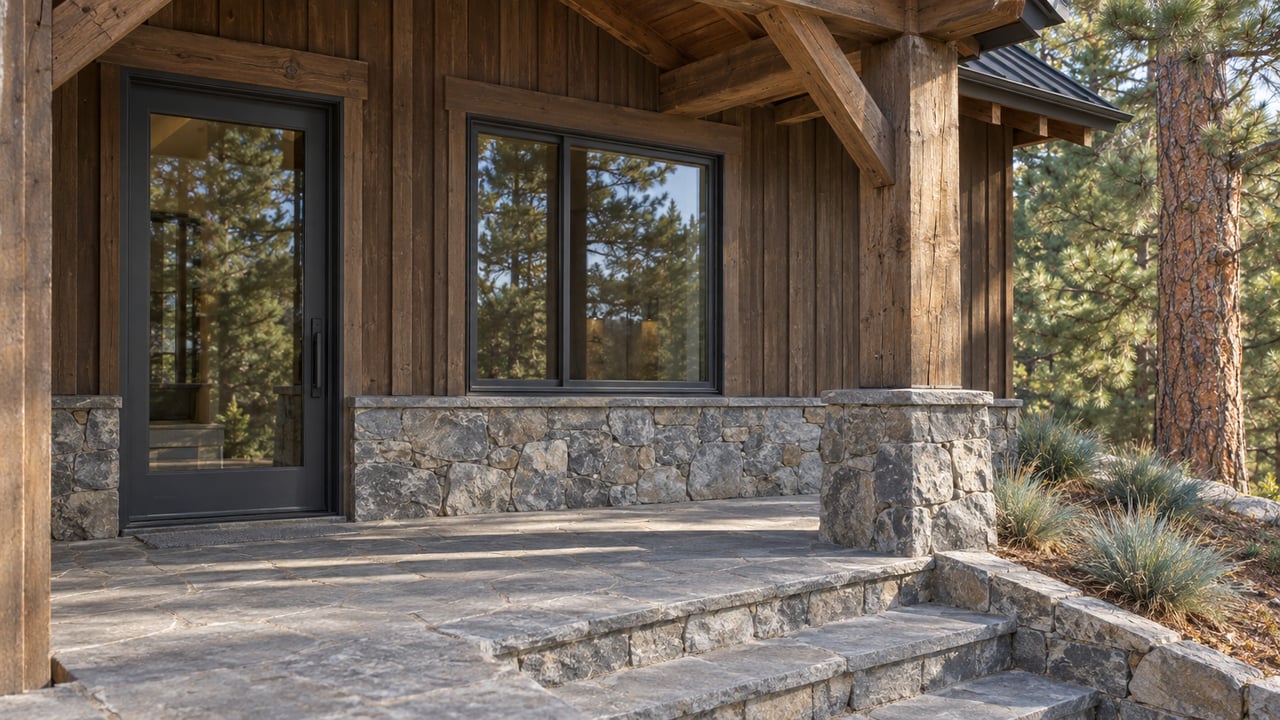 Timber-covered entry with charcoal-framed glazing, weathered wood siding and gray stone steps beside a ponderosa pine.