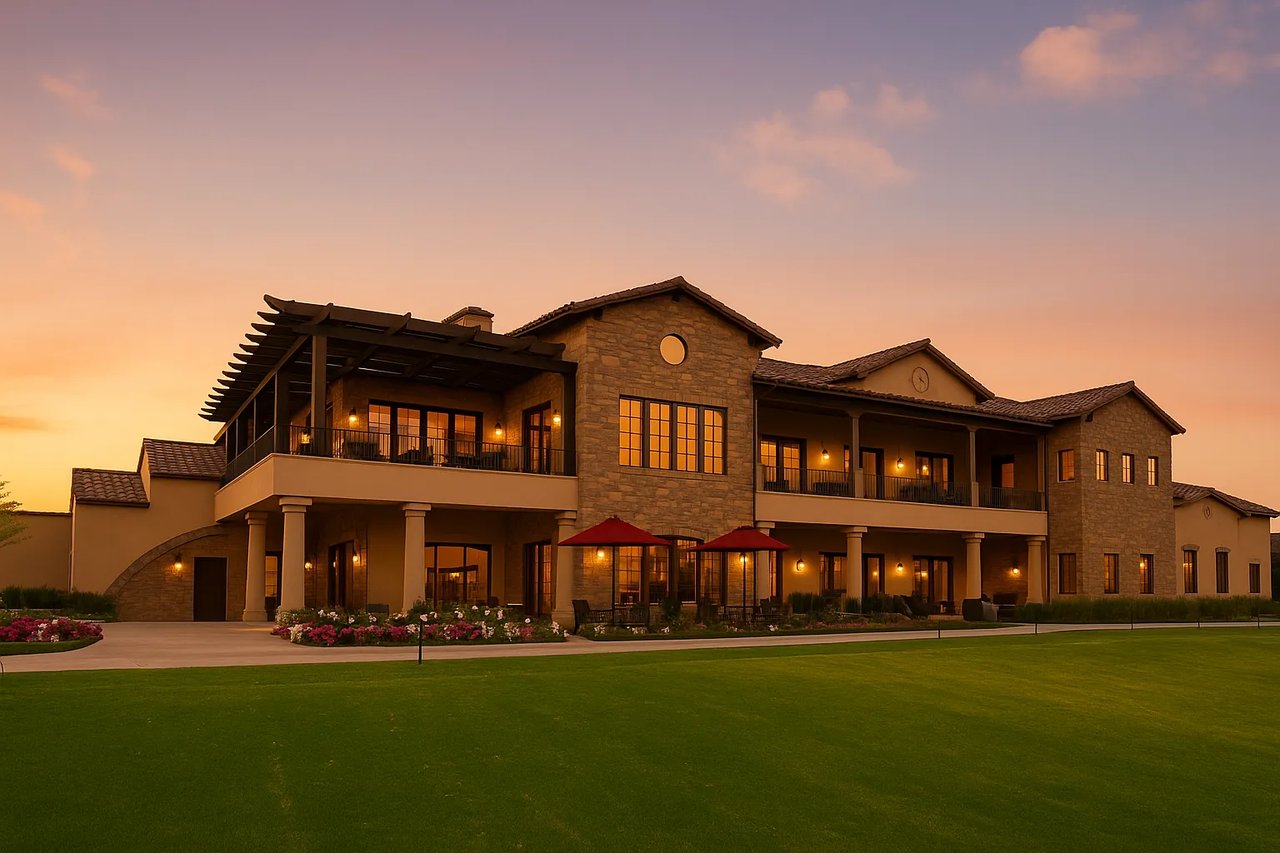 Mediterranean-style Aliso Viejo Country Club clubhouse at dusk, with warm stone and stucco exterior, glowing windows, red patio umbrellas, and manicured lawn in the foreground.