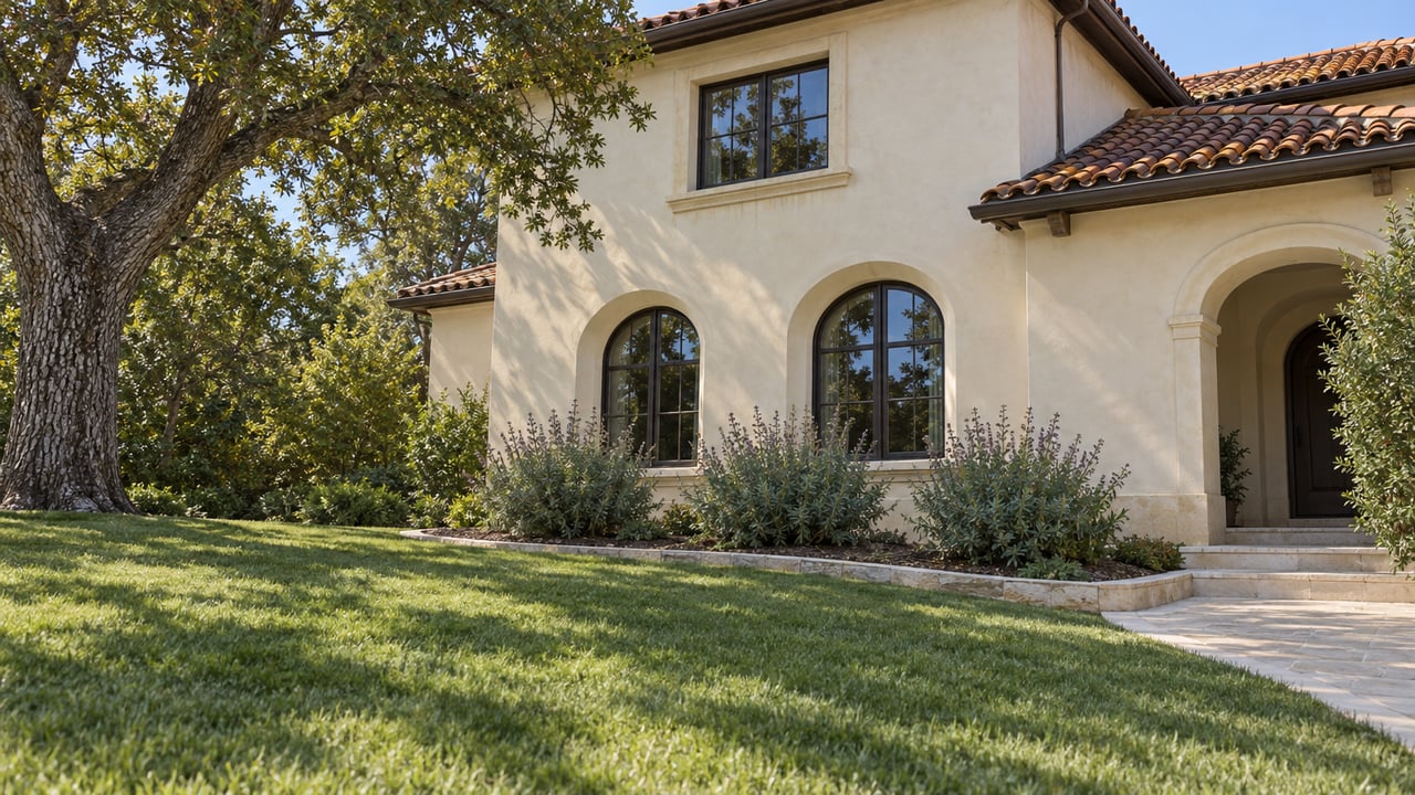 Cream stucco home with terracotta roofs and arched windows beyond a gently sloping lawn, with a mature oak and silver-green flowering shrubs.