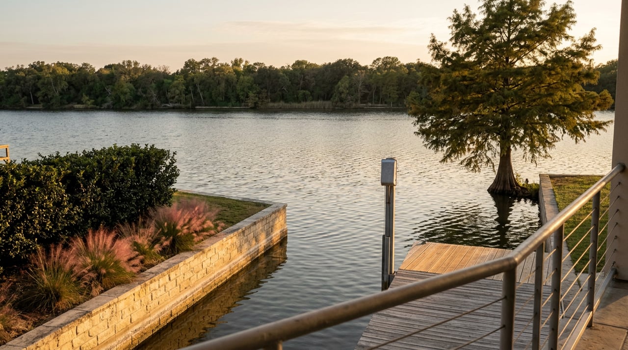 Boat slip bordered by limestone seawall and cedar dock, with cypress across rippled water.