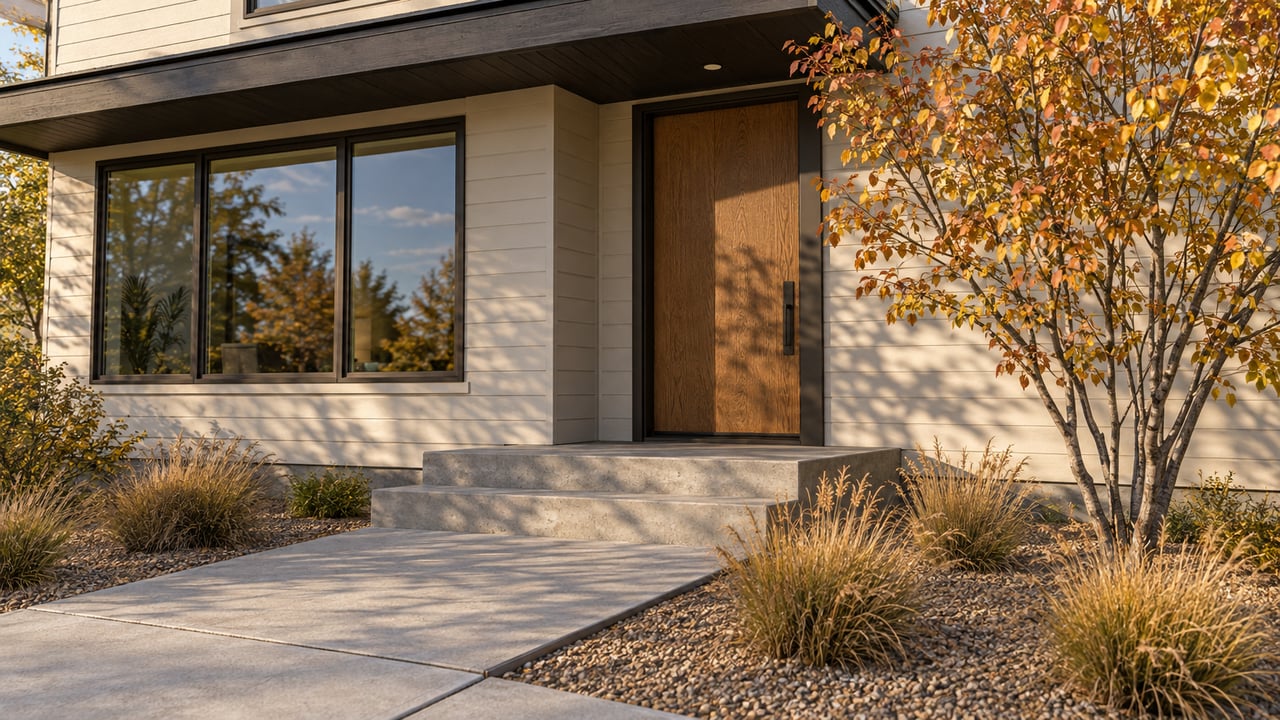 Contemporary home's oak entry door and bronze-framed window above a concrete porch, with autumn serviceberry and tawny blue grama beside the walk.