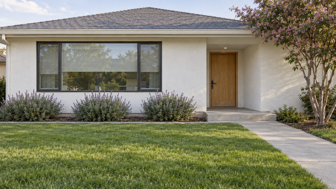 Updated single-story white stucco home behind a deep green lawn, with a broad window, recessed oak entry and sculptural redbud tree.