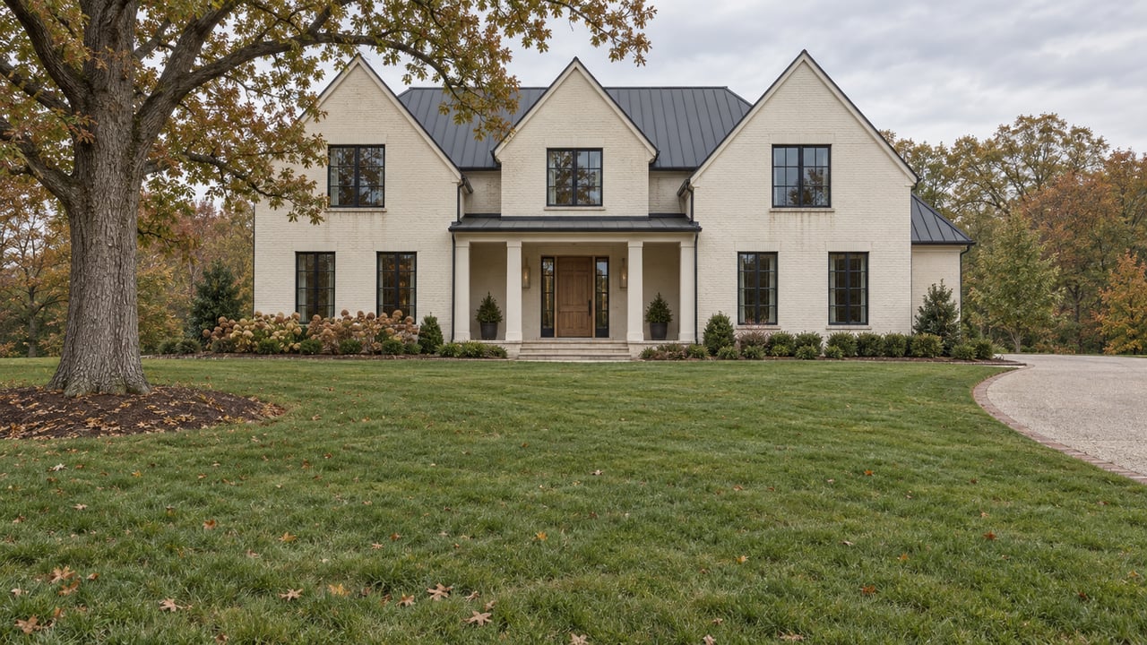 An ivory brick home with charcoal gabled roofs sits beyond a broad autumn lawn, beside a mature white oak and curved driveway.