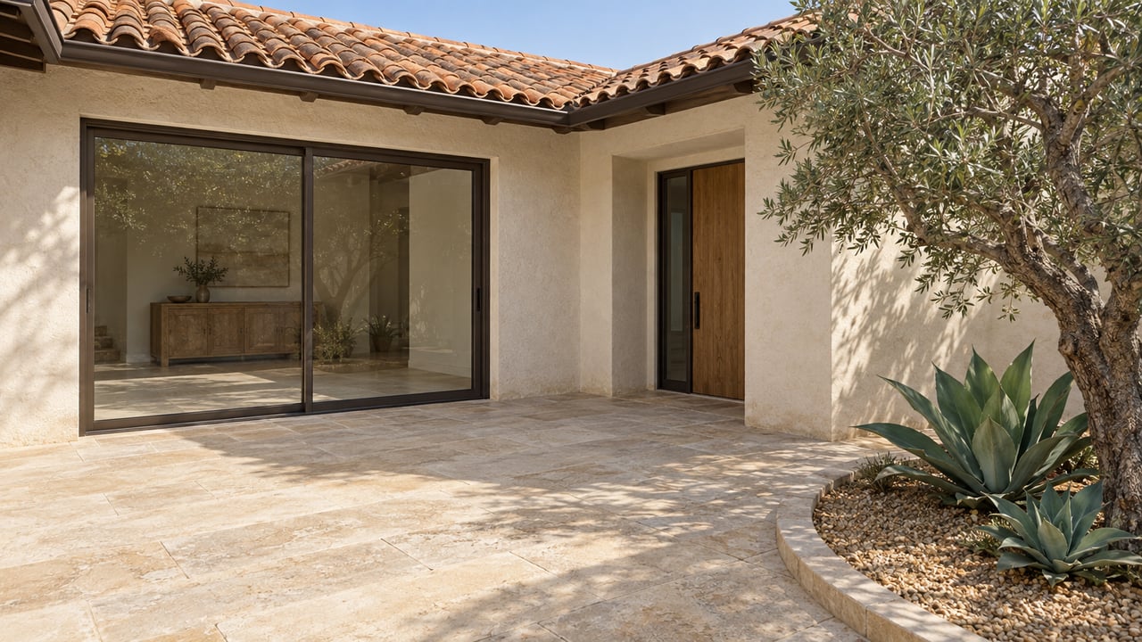 Sunlit courtyard of a single-story stucco home with terracotta roof tiles, bronze-framed glass doors, limestone paving and an olive tree.