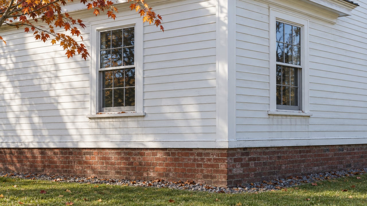 White clapboard house corner with two six-over-six windows above a weathered red-brown brick foundation.