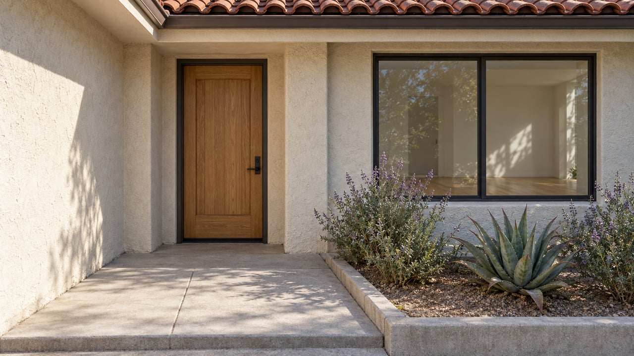 Close exterior view of a stucco home's recessed oak front door, black-framed window, clay-tile roof edge and concrete entry landing beside a small planted bed.