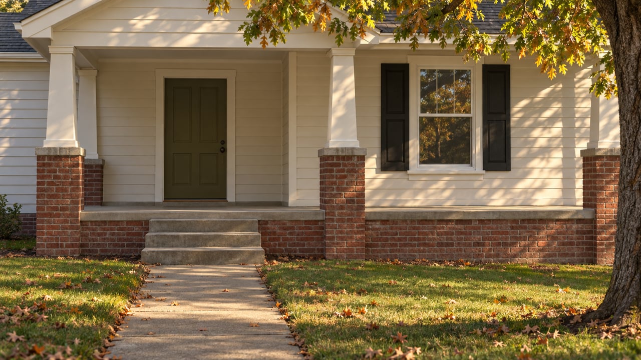 A detached home with an olive door, brick porch foundation, concrete walk, and white oak leaves.