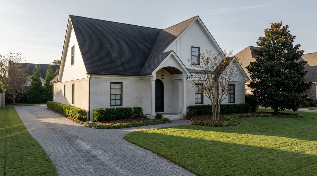 Painted-brick house with white gables, black arched entry, curved paver drive, lawn, and mature magnolia.