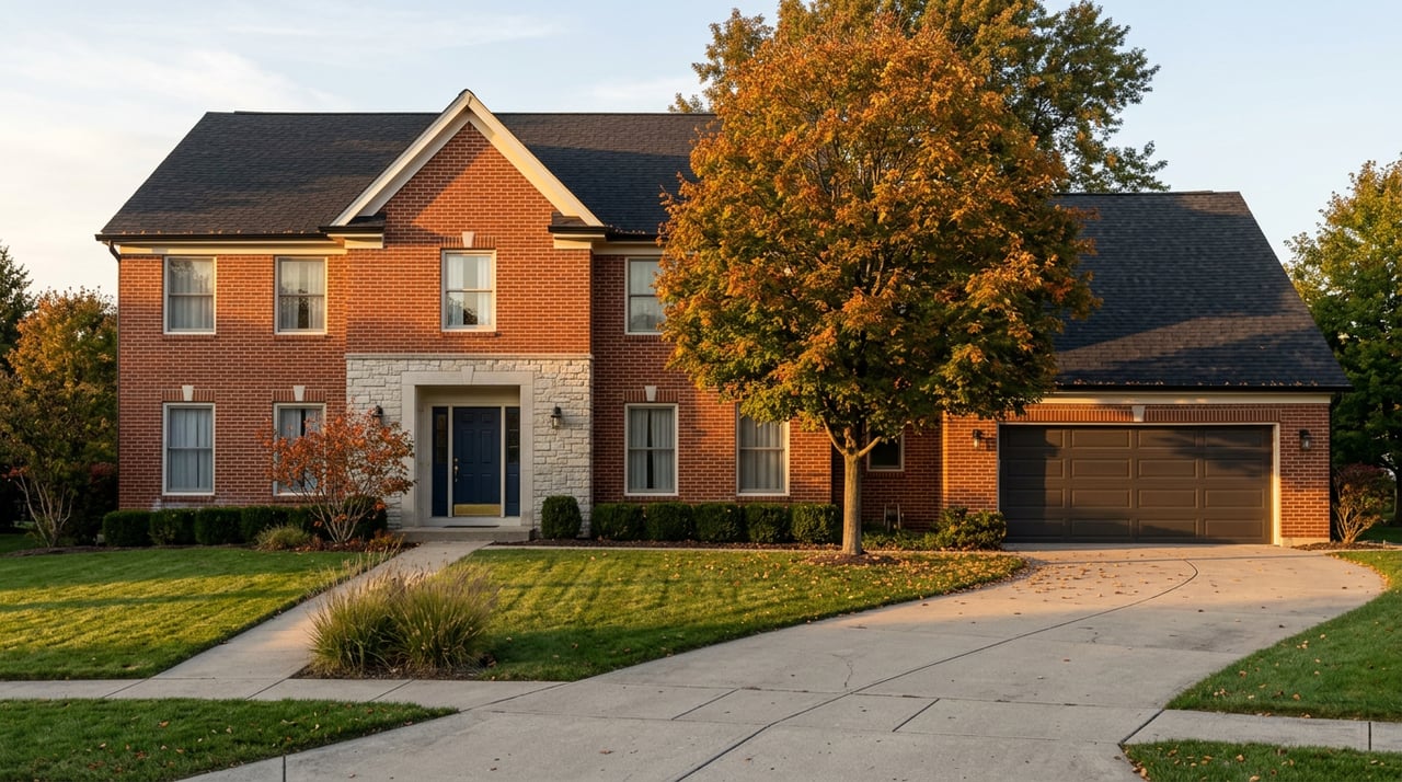 Two-story red-brick colonial with a stone entry, curved driveway, broad lawn, and amber-orange maple tree.