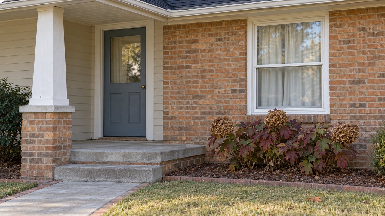 Close view of a brick home's covered entry, blue-gray door, white-framed window and concrete steps beside an oakleaf hydrangea.