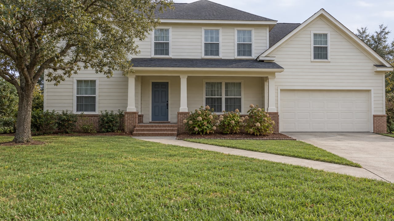 Ivory two-story home with a brick porch, broad front lawn, mature live oak and faded oakleaf hydrangeas in soft afternoon light.