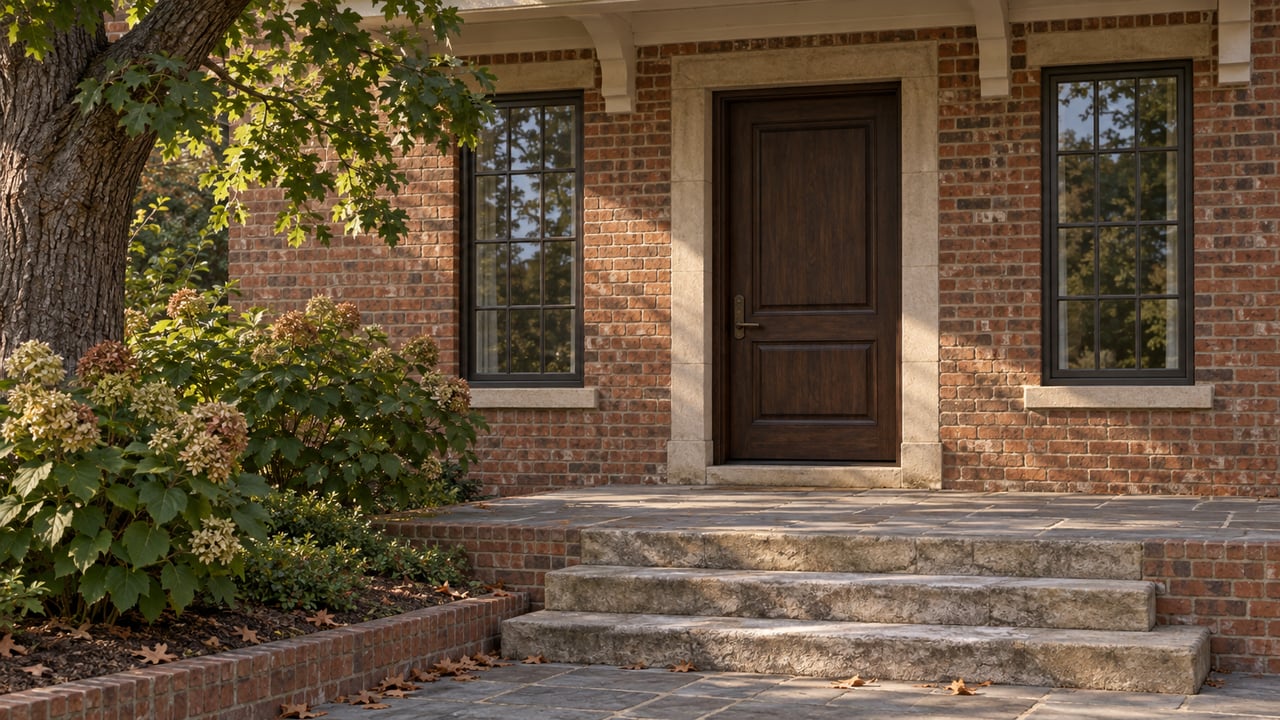 Brick house entrance with a dark wood door, flanking windows, limestone steps, and oak leaves overhead.