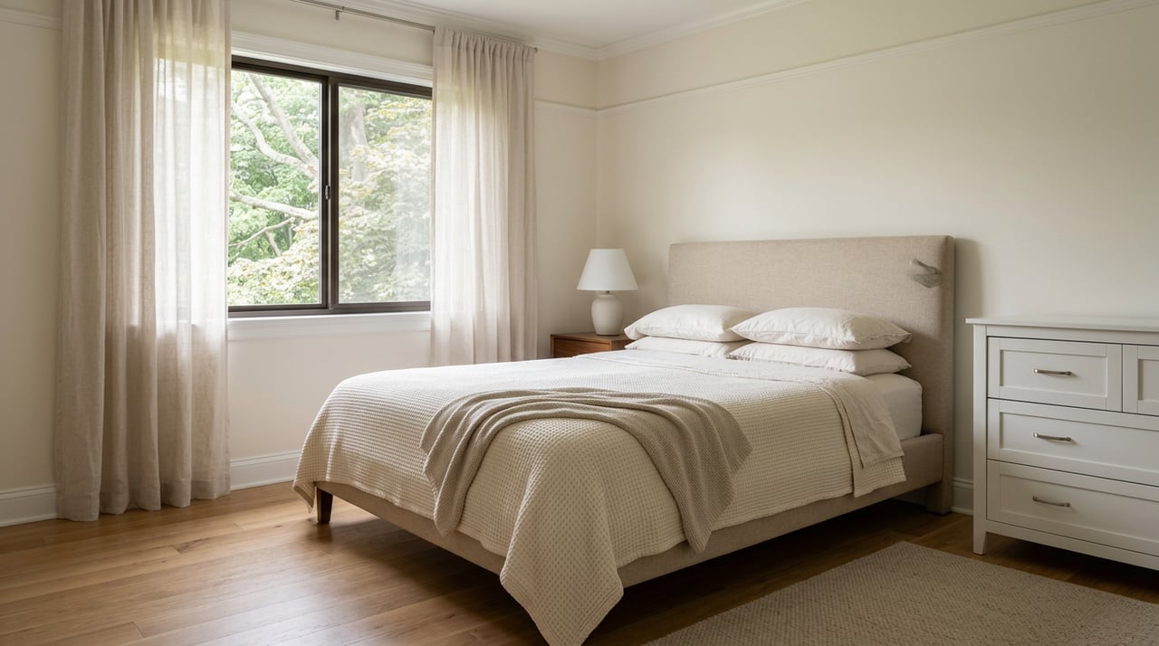 Bedroom with an ivory-covered bed, oatmeal upholstered headboard, sheer-curtained window, walnut nightstand, and leafy view.