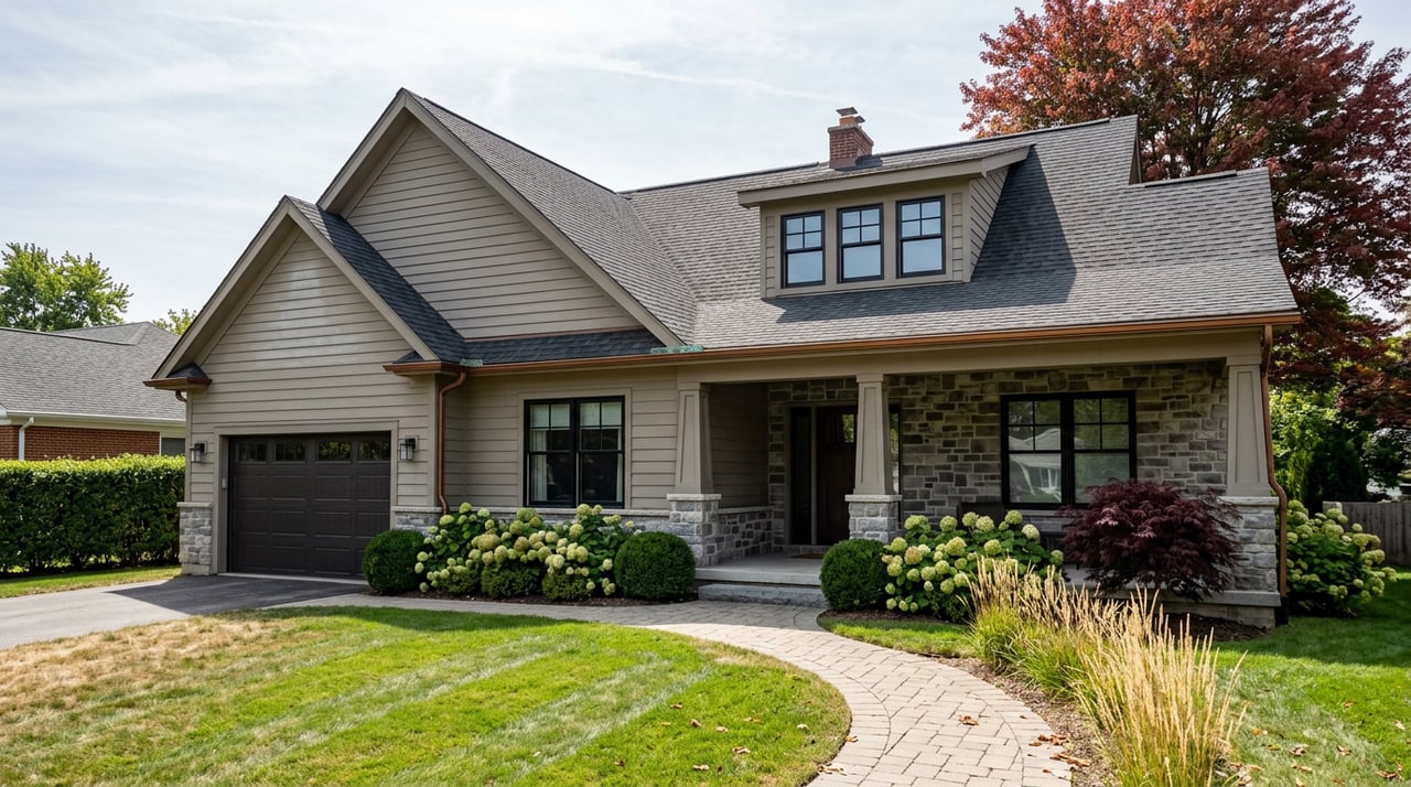 Detached greige-sided home with stone porch, steep charcoal roof, curved paver walk, and red maples.